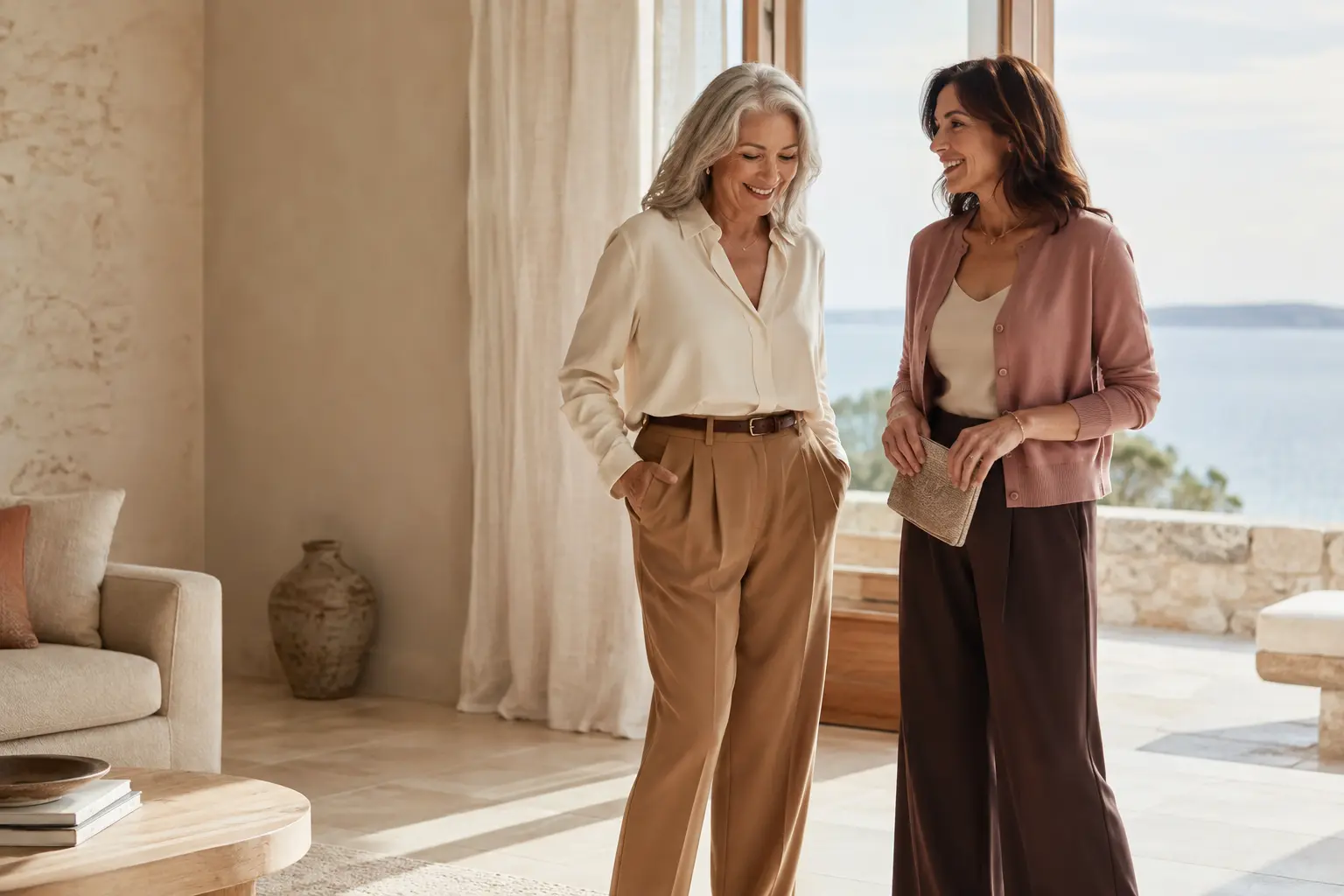 Two confident women wearing timeless everyday fashion in a warm coastal home