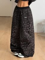 Elorivane Women Black Leopard Patchwork Parachute Pants, Baggy Preppy Hippie Streetwear Trousers - Image 8