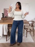 Elorivane Plus Size Polka Dot Blouse, Square Neck Long Sleeve Top, Fall Winter Daily Work Going Out Wear - Image 4