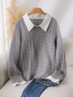 Elorivane Plus Size Brown Cable Knit Sweater, 90s Korean Lace Patchwork Pullover, Autumn Office Casual Top - Image 6