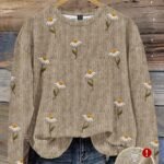 Elorivane Plus Size Beige Vintage Embroidered Crew Neck Loose Pullover