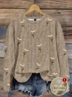 Elorivane Plus Size Beige Vintage Embroidered Crew Neck Loose Pullover