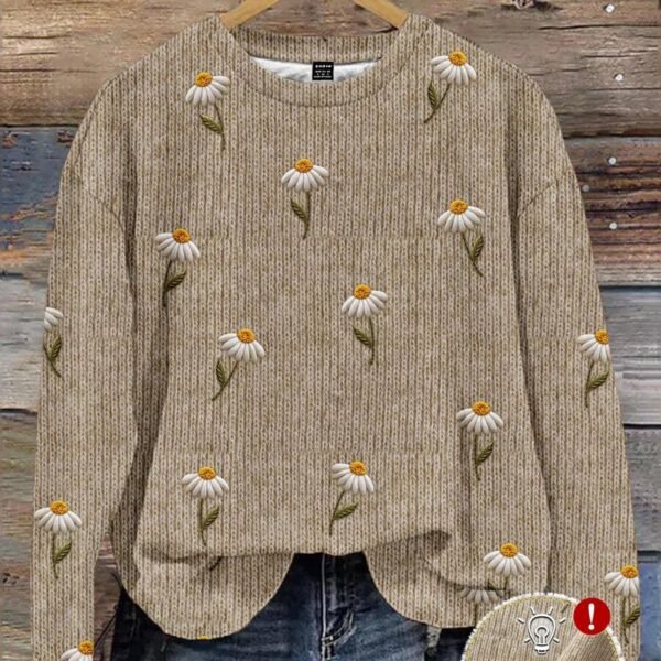 Elorivane Plus Size Beige Vintage Embroidered Crew Neck Loose Pullover