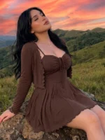Elorivane Plus Size Brown 2-Piece Set, Wrap Spaghetti Strap Mini Dress & Cardigan, Casual Spring Summer Autumn Outfit - Image 6