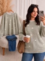 Elorivane Plus Size Knit Sweater, Daisy Ruffle Patchwork French Style, Embroidered Trim Versatile Autumn Winter Pullover Top - Image 2