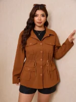 Elorivane Plus Size Flap Pocket Drawstring Waist Jacket, Barn Style Outerwear, Fall Winter Casual Wear - Image 16