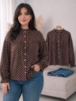 Elorivane Plus Size Polka Dot Shirt, Long Sleeve Button Casual Spring Autumn Daily Outwear - Image 2