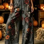 Elorivane Plus Size Women Halloween Pumpkin Ghost Print Wide Leg Pants, Vintage Daily Outfit
