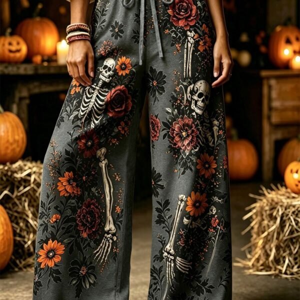 Elorivane Plus Size Women Halloween Pumpkin Ghost Print Wide Leg Pants, Vintage Daily Outfit