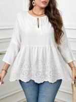Elorivane Plus Size Navy Blue 90s Vintage Floral Print Peplum Shirt Boho Vacation Top for Summer Casual Wear - Image 19