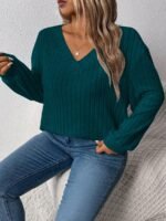 Elorivane Plus Size Loose V-Neck Wide Ribbed Pullover Sweatshirt for Autumn Winter Back To School Graduation Teacher Casual Wear - Image 37