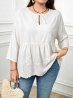 Elorivane Plus Size Navy Blue 90s Vintage Floral Print Peplum Shirt Boho Vacation Top for Summer Casual Wear - Image 20