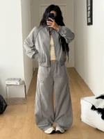 Elorivane Women White 2-Piece Outfit, Reflective Lapel Coat & Parachute Cargo Pants, Streetwear Athleisure Set - Image 43