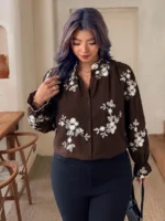 Elorivane Plus Size Brown Floral Embroidered Shirt, Elegant Versatile Top for Office Brunch Evening, Autumn Casual Wear - Image 4