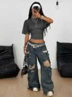 Elorivane Women Dark Grey Ruched Crop Tee, Loose Stretchy Y2K Grunge Summer Streetwear Top - Image 9