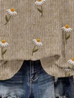 Elorivane Plus Size Beige Vintage Embroidered Crew Neck Loose Pullover - Image 7