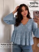 Elorivane Blue White Embroidered Blouse, Long Sleeve Cute Boho Shirt, Autumn Daily Vacation Top - Image 5