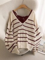Elorivane Plus Size Striped Sweater, V-Neck Long Sleeve Pullover with Bow Back, Autumn Winter Casual Top - Image 5