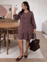 Elorivane Plus Size Coffee Brown Striped Dress, Long Sleeve Mini Dress, Fall Casual Outing Top - Image 3