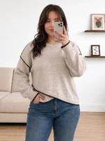 Elorivane Plus Size Apricot Sweater, Cross-Stitch Drop Shoulder Loose Pullover, Minimalist Autumn Winter Casual Top - Image 3