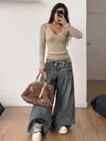 Elorivane Women Brown Vintage Sweater, Preppy Y2K Old Money Casual Fall Winter Pullover - Image 8