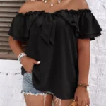 Elorivane Plus Size Off-Shoulder Tie Front Blouse Frill Trim Boho Top for Summer Casual Wear