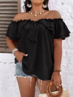 Elorivane Plus Size Off-Shoulder Tie Front Blouse Frill Trim Boho Top for Summer Casual Wear