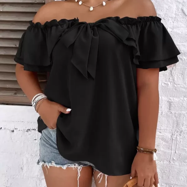 Elorivane Plus Size Off-Shoulder Tie Front Blouse Frill Trim Boho Top for Summer Casual Wear