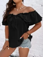 Elorivane Plus Size Off-Shoulder Tie Front Blouse Frill Trim Boho Top for Summer Casual Wear - Image 3