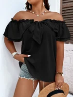 Elorivane Plus Size Off-Shoulder Tie Front Blouse Frill Trim Boho Top for Summer Casual Wear - Image 4