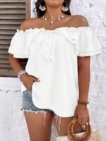 Elorivane Plus Size Off-Shoulder Tie Front Blouse Frill Trim Boho Top for Summer Casual Wear - Image 5