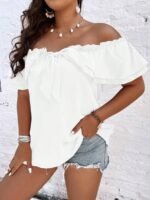 Elorivane Plus Size Off-Shoulder Tie Front Blouse Frill Trim Boho Top for Summer Casual Wear - Image 7