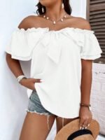 Elorivane Plus Size Off-Shoulder Tie Front Blouse Frill Trim Boho Top for Summer Casual Wear - Image 8
