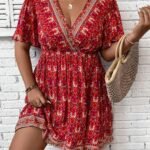 Elorivane Plus Size Floral Print Butterfly Sleeve Overlap Collar Dress for Summer New Year Casual Wear