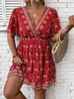 Elorivane Plus Size Floral Print Butterfly Sleeve Overlap Collar Dress for Summer New Year Casual Wear