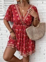 Elorivane Plus Size Floral Print Butterfly Sleeve Overlap Collar Dress for Summer New Year Casual Wear - Image 4