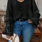 Elorivane Plus Size Fringe Trim Drop Shoulder Cable Knit Pullover for Fall Winter