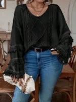 Elorivane Plus Size Fringe Trim Drop Shoulder Cable Knit Pullover for Fall Winter