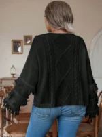 Elorivane Plus Size Fringe Trim Drop Shoulder Cable Knit Pullover for Fall Winter - Image 2