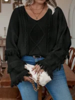 Elorivane Plus Size Fringe Trim Drop Shoulder Cable Knit Pullover for Fall Winter - Image 3