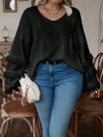 Elorivane Plus Size Fringe Trim Drop Shoulder Cable Knit Pullover for Fall Winter - Image 4