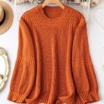 Elorivane Plus Size Solid Color Round Neck Knitted Pullover Sweater Lantern Sleeve Simple Casual Top for Autumn Winter Wear