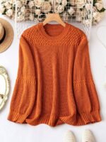 Elorivane Plus Size Solid Color Round Neck Knitted Pullover Sweater Lantern Sleeve Simple Casual Top for Autumn Winter Wear