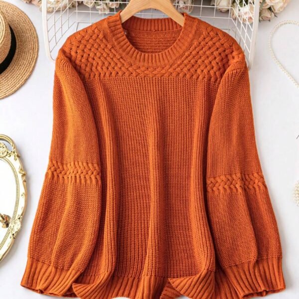 Elorivane Plus Size Solid Color Round Neck Knitted Pullover Sweater Lantern Sleeve Simple Casual Top for Autumn Winter Wear