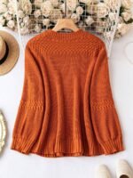 Elorivane Plus Size Solid Color Round Neck Knitted Pullover Sweater Lantern Sleeve Simple Casual Top for Autumn Winter Wear - Image 2