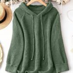 Elorivane Plus Size Sage Green Knitted Hoodie Raglan Sleeve Drawstring Cuffs Minimalist Pullover Sweater for Fall Winter Vacation Smart Casual Wear