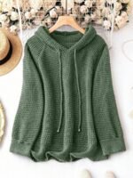 Elorivane Plus Size Sage Green Knitted Hoodie Raglan Sleeve Drawstring Cuffs Minimalist Pullover Sweater for Fall Winter Vacation Smart Casual Wear