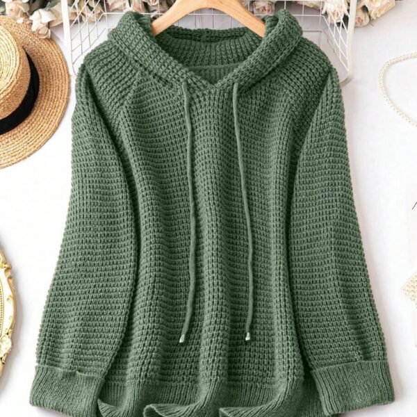 Elorivane Plus Size Sage Green Knitted Hoodie Raglan Sleeve Drawstring Cuffs Minimalist Pullover Sweater for Fall Winter Vacation Smart Casual Wear