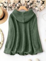 Elorivane Plus Size Sage Green Knitted Hoodie Raglan Sleeve Drawstring Cuffs Minimalist Pullover Sweater for Fall Winter Vacation Smart Casual Wear - Image 2