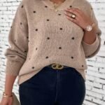 Elorivane Plus Size Polka Dot Sweater, Crew Neck Long Sleeve Knit Pullover, Fall Thanksgiving Casual Daily Top